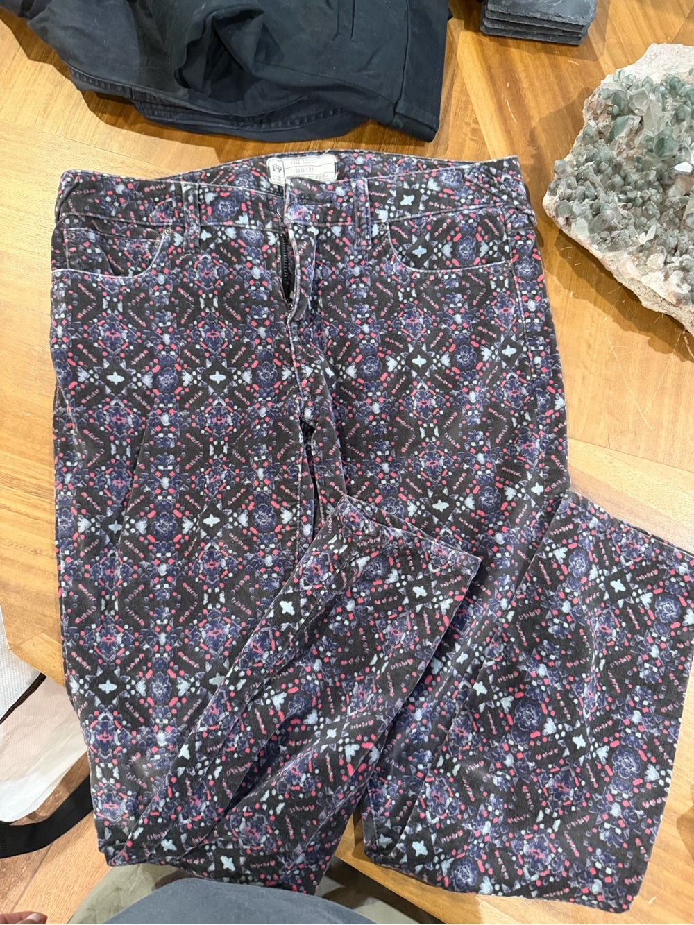 Patterned Skinny Jeans in Black with Pink & Blue Accents